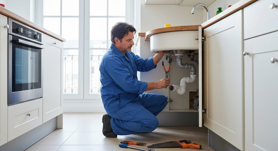 Plombier professionnel remplaçant des tuyaux sous évier - Villiers-le-Bel