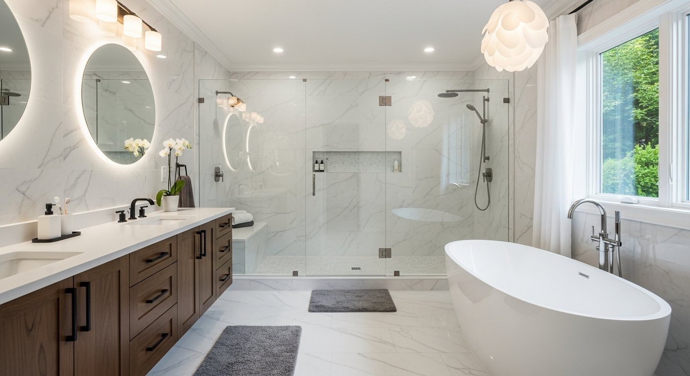 Transformation moderne douche vitrée - Rénovation salle de bain par Nova Habitat